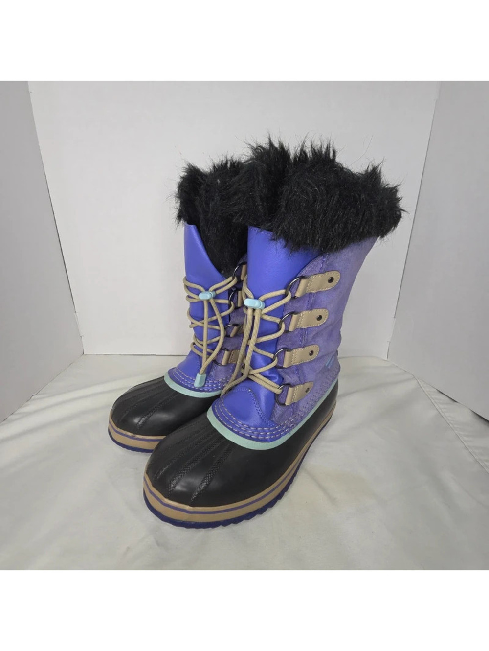 Sorel Joan of Arctic Youth 6 Purple Black Waterproof Faux Fur Snow Boots